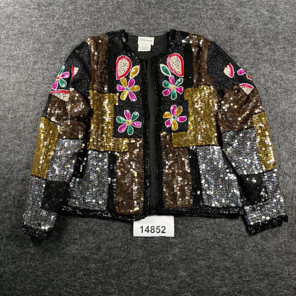 Stenay Sequin Jacket Womens M Multi Excellent Vintage Silk Floral Beaded Patch